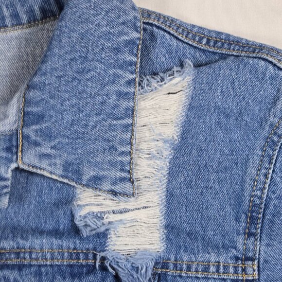 Love Tree Distressed Blue Denim Jacket Women's Size L Ripped Casual Button-Up - Picture 7 of 16